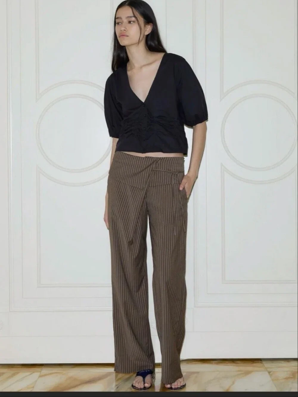 Wide-Leg Pinstripe Trousers in Brown - Picture 1 of 5